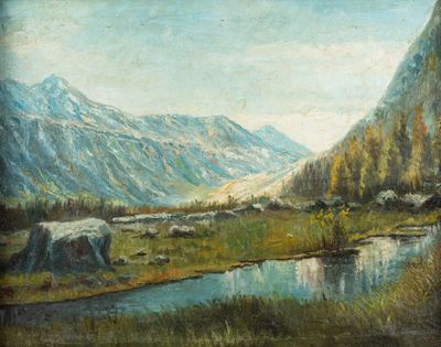 peinture représentant un paysage de montagne avec une rivière et une chaîne de montagnes en arrière-plan
