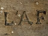 a close up of the word lake carved into a piece of wood