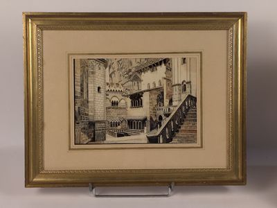 framed picture of a drawing of a building in a gold frame