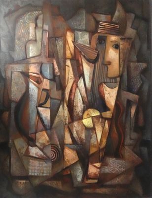 une peinture à l'huile représentant un groupe de personnes jouant d'un instrument