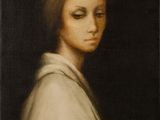 une peinture à l'huile représentant une femme portant un châle blanc