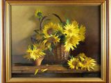 painting of sunflowers in a wicker basket on a table