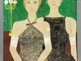 painting of two women in black dresses standing next to each other in front of a green background