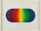une photo encadrée représentant un arc-en-ciel de couleurs, dans un cadre blanc