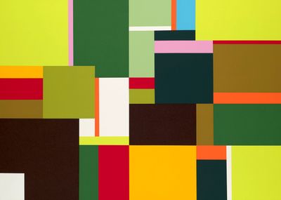 an abstract painting of squares of different colors on a green background