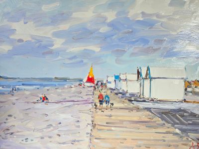 un tableau représentant une scène de plage avec des personnes marchant sur le sable