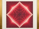 an abstract painting of a red and white diamond in a gold frame