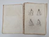 an old book with a drawing of a man sitting on a bench