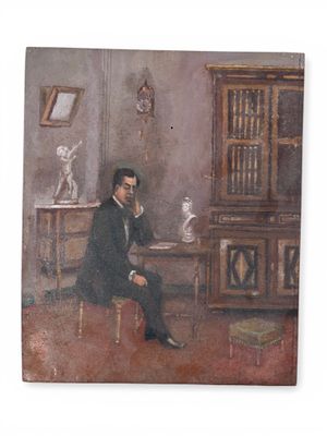 tableau représentant un homme assis à une table dans une pièce