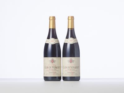 two bottles of wine sitting on top of a table next to each other