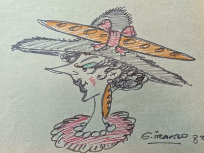 dessin humoristique représentant un homme avec une planche de surf sur la tête