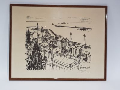 drawing of a view of a city with a plane flying over it