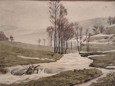 a picture of a painting of a stream in a field