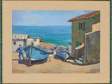 un tableau représentant deux bateaux sur la plage, au bord de l'eau