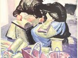 un tableau représentant une femme en train de lire un livre avec deux enfants