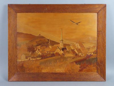 une vieille photo représentant un tableau d'un village survolé par un oiseau