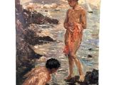 tableau représentant deux garçons jouant dans l'eau à la plage