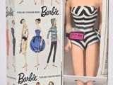 une poupée Barbie dans une boîte, avec des vêtements et des accessoires posés dessus