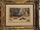 a picture of a picture of two birds in the woods