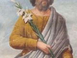painting of a man holding a bunch of flowers in his right hand