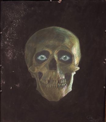 peinture représentant un crâne aux yeux bleus sur fond noir