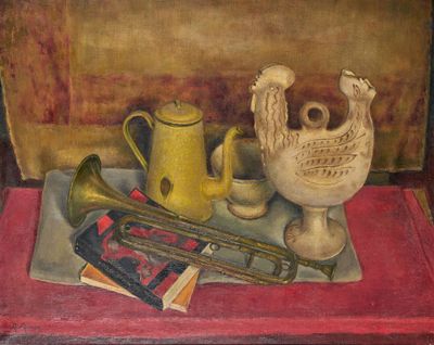 un tableau représentant un vase, une trompette et un livre posés sur une table