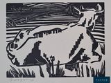 a black and white drawing of a cow in a field