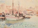 a watercolor painting of a boat in a harbor