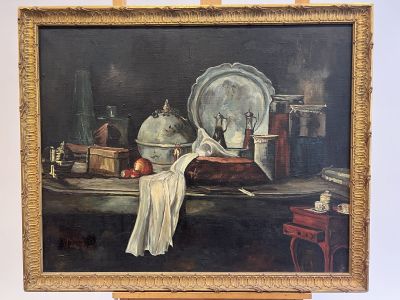 a painting of a woman in a white dress on a table
