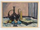 a painting of a still life with a teapot, apples, and a book on a table