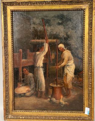 une peinture à l'huile représentant un homme et une femme en train de cuisiner dans une cuisine