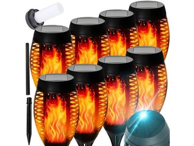 six torches solaires en forme de flamme, surmontées d'une lumière bleue