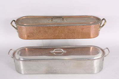 pair of vintage copper plated casserole pans with handles