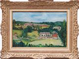 an oil painting of a farm scene with a house in the distance