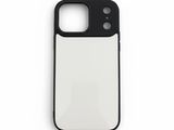 une coque d'iPhone noire et blanche posée sur une surface blanche