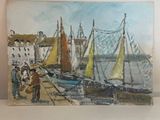 un tableau représentant une scène de port avec des voiliers sur l'eau