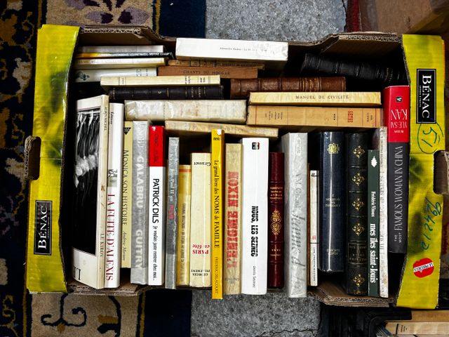 Carton de livres dont : littérature, histoire, religion.