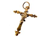 gold plated crucift of a woman holding a cross on a white background