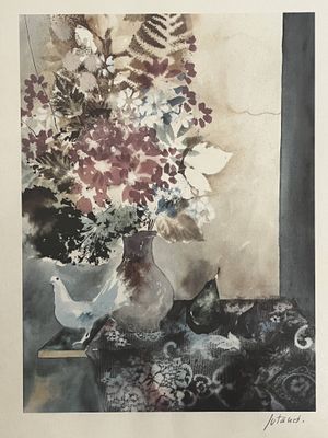 une aquarelle représentant un vase de fleurs posé sur une table