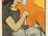 painting of a woman sitting in front of a sheep holding a knife