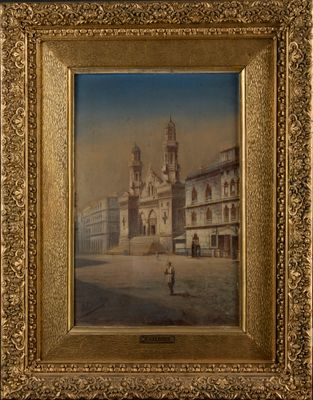 an old picture of a building with a clock tower in the middle of it
