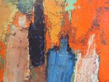 an image of a painting of a group of people standing in front of an orange wall