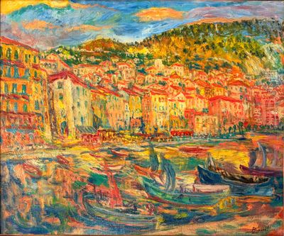 an oil painting of boats in a harbor with a mountain in the background