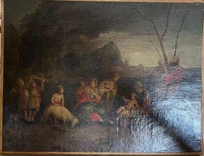 a painting of a group of people in a river