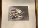 painting of a still life of onions and garlic on a cutting board