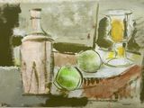 a painting of a still life with fruit and a bottle of wine