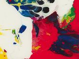 abstract painting of red, yellow, blue, and green colors on a white surface
