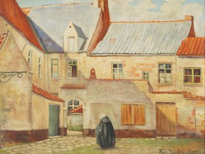 un tableau représentant une femme marchant dans une rue pavée