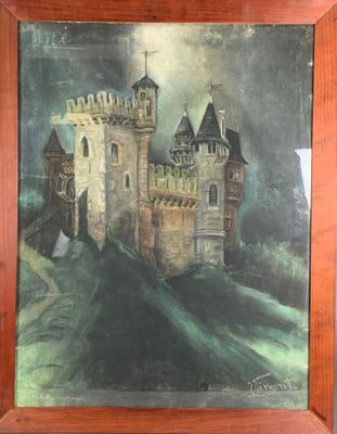 VINCENT Château médiéval Pastel contrecollé (?) sur isorel, …