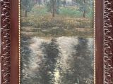 an oil painting of a river with trees in the background